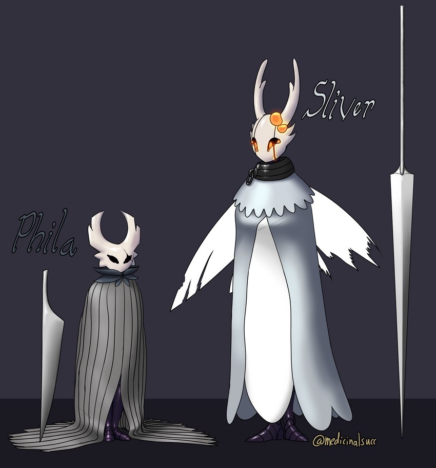 2_horns anthro clothing duo female glowing horn mask size_difference weapon medicinal_succ hollow_knight team_cherry phila_(medicinalsucc) sliver_(medicinalsucc) the_infection_(hollow_knight) humanoid infected_(species) vessel_(species) absurd_res hi_res