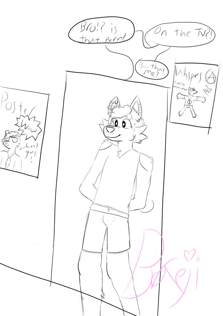 anthro bottomwear bulge caught_and_continued clothing ear_piercing embarrased_horny femboy male piercing poster shorts solo canid canine mammal absurd_res hi_res