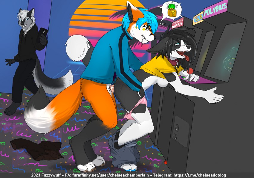 4_toes 5_fingers ahegao ambiguous_penetration anthro anthro_on_anthro anthro_penetrated anthro_penetrating anthro_penetrating_anthro arcade arcade_machine barefoot being_watched bent_over black_hair blue_eyes blue_hair blue_pawpads bodily_fluids bottomless bottomless_anthro bottomless_male bottomwear bottomwear_down breasts cellphone cheek_tuft claws clothed clothing clothing_on_floor collar digitigrade dipstick_ears dipstick_tail discarded_bottomwear discarded_clothing discarded_pants drooling dutch_angle ear_markings electronics exhibitionism eye_roll facial_tuft feet female female_penetrated fingers fluffy fluffy_tail from_behind_position fucked_silly gaming gaming_while_penetrated group hair hip_grab inner_ear_fluff knot knot_root leg_markings looking_at_another looking_pleasured male male/female male_penetrating male_penetrating_anthro male_penetrating_female markings multicolored_ears neck_tuft nipples panties panties_down pants pants_around_ankles pants_down partially_clothed partially_clothed_anthro partially_clothed_female pawpads paws penetration penile penile_penetration phone pink_pawpads pivoted_ears playing_video_game public public_sex saliva sex shirt_up side_boob silver_hair small_breasts socks_(marking) standing standing_sex tail tail_markings taking_picture tears tears_of_pleasure toe_claws toeless_(marking) toes tongue tongue_out trio tuft underwear underwear_down usb_necklace whisker_spots fuzzywuff polybius chelsea_chamberlain nightdancer_(character) canid canine canis domestic_dog fox karelian_bear_dog mammal spitz wolf 2023 colored digital_drawing_(artwork) digital_media_(artwork) full-length_portrait portrait