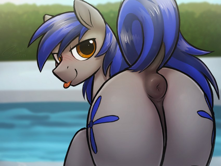 anus blush cutie_mark dock_(anatomy) equine_anus feral lidded_eyes looking_at_viewer looking_back male pool puffy_anus raised_tail solo tail tail_anus tongue selenophile hasbro my_little_pony aerial_ace fan_character equid equine horse mammal pony 4:3 absurd_res hi_res