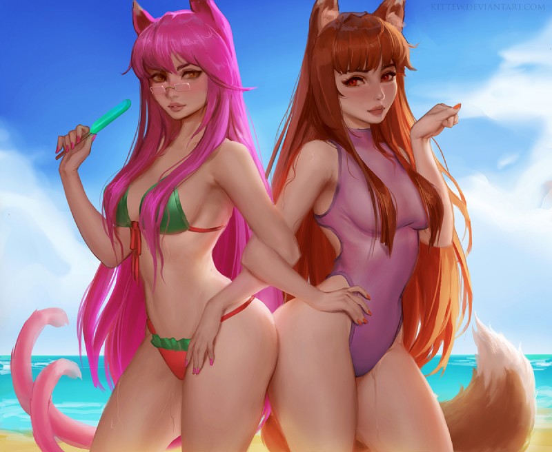 arm_in_arm ass_to_ass beach bikini bodily_fluids breasts brown_hair clothed clothing duo eyewear female food front-tie_bikini front-tie_clothing front-tie_swimwear glasses hair looking_at_viewer one-piece_swimsuit pink_hair popsicle print_bikini print_clothing print_swimwear seaside sideless_swimsuit sport_swimsuit swimwear triangle_bikini two-piece_swimsuit watermelon_bikini watermelon_pattern watermelon_print kittew arc_system_works blazblue spice_and_wolf holo_(spice_and_wolf) kokonoe_mercury animal_humanoid canid canid_humanoid canine canine_humanoid cat_humanoid felid felid_humanoid feline feline_humanoid fox_humanoid humanoid mammal mammal_humanoid