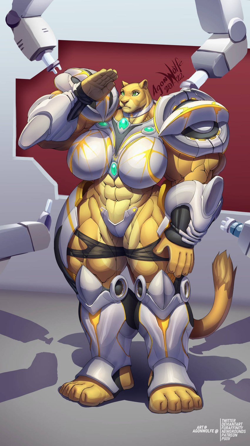 abs anthro armor assembly biceps big_breasts big_muscles breasts energy female futuristic gesture green_eyes huge_breasts huge_muscles hyper hyper_muscles muscular muscular_anthro muscular_female quadriceps robotic_arm salute shoulder_pads solo standing tail tail_tuft thick_thighs tuft unconvincing_armor agonwolfe felid lion mammal pantherine 9:16 dated full-length_portrait hi_res portrait