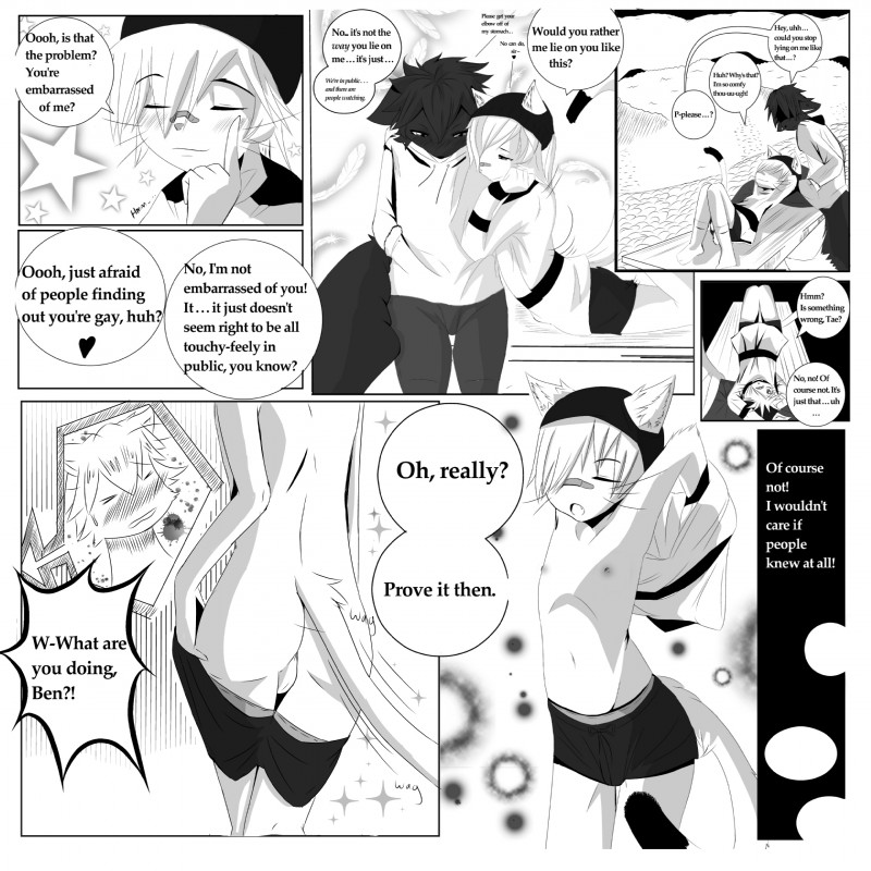 anthro dialogue duo embarrassed male male/male nude park playful public relationship tail text young young_anthro taethefox ben-chi tae canid canine domestic_cat equid equine felid feline felis fox horse mammal 1:1 absurd_res comic digital_drawing_(artwork) digital_media_(artwork) english_text greyscale hi_res monochrome