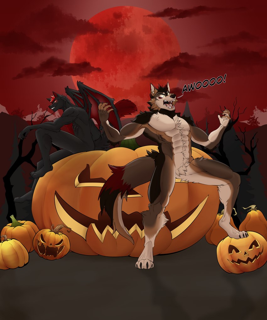 anthro awoo blood_moon crotch_tuft duo jack-o'-lantern male muscular muscular_male sitting standing tuft wings guepardoxart canid canine canis mammal wolf 5:6 absurd_res hi_res