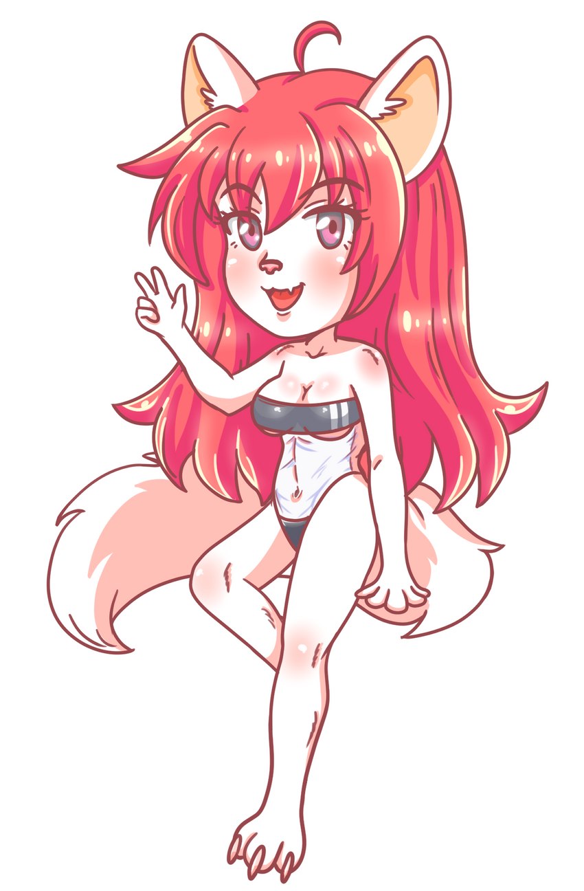 anime_style breasts chibi claws clothing cute_fangs fangs female fluffy fluffy_tail fur gesture hair hand_gesture long_hair long_tail nails navel one-piece_swimsuit open_mouth paws pink_eyes pink_hair pink_nose simple_background sitting smile solo swimwear tail teeth translucent translucent_clothing translucent_swimwear v_sign white_body white_fur red_folt gris_swimsuit meme_clothing artemis_tsukino domestic_cat felid feline felis mammal hi_res meme