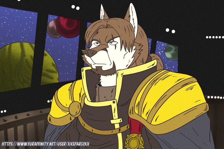 anthro brown_body brown_fur brown_hair clothed clothing fur hair male medal multicolored_body multicolored_fur planet scar shoulder_guards solo space star two_tone_body two_tone_fur uniform xxsparcoxx jason_creed canid canine canis mammal wolf 2024 digital_media_(artwork) flat_colors hi_res