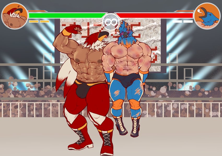 animal_mask barazoku blood bodily_fluids bruised bulge defeated degradation detailed_bulge gameplay_mechanics gui health_bar held_by_head humiliation male male/male mask muscular nosebleed unconscious wrestler wrestling wrestling_outfit demitiger1 fatal_fury king_of_fighters neptune_mereaux tizoc avian bird bluebird eastern_bluebird human humanoid mammal oscine passerine thrush_(bird) absurd_res hi_res