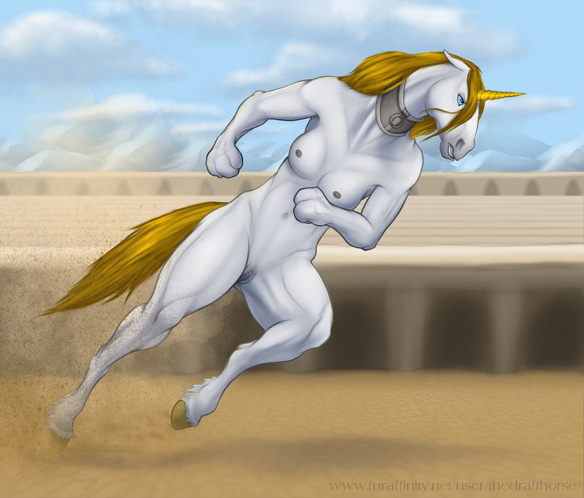 anthro arena black_nipples blonde_hair blue_eyes breasts charge cloud collar collar_only day determined fates_of_the_unicorns female fur genitals hair horn mountain muscular muscular_female nipples nude outside pussy running sky solo stadium text white_body white_breasts white_fur the_draft_horse mythology tamira_(dragontalon) equid equine mammal mythological_creature mythological_equine unicorn 2019 hi_res url