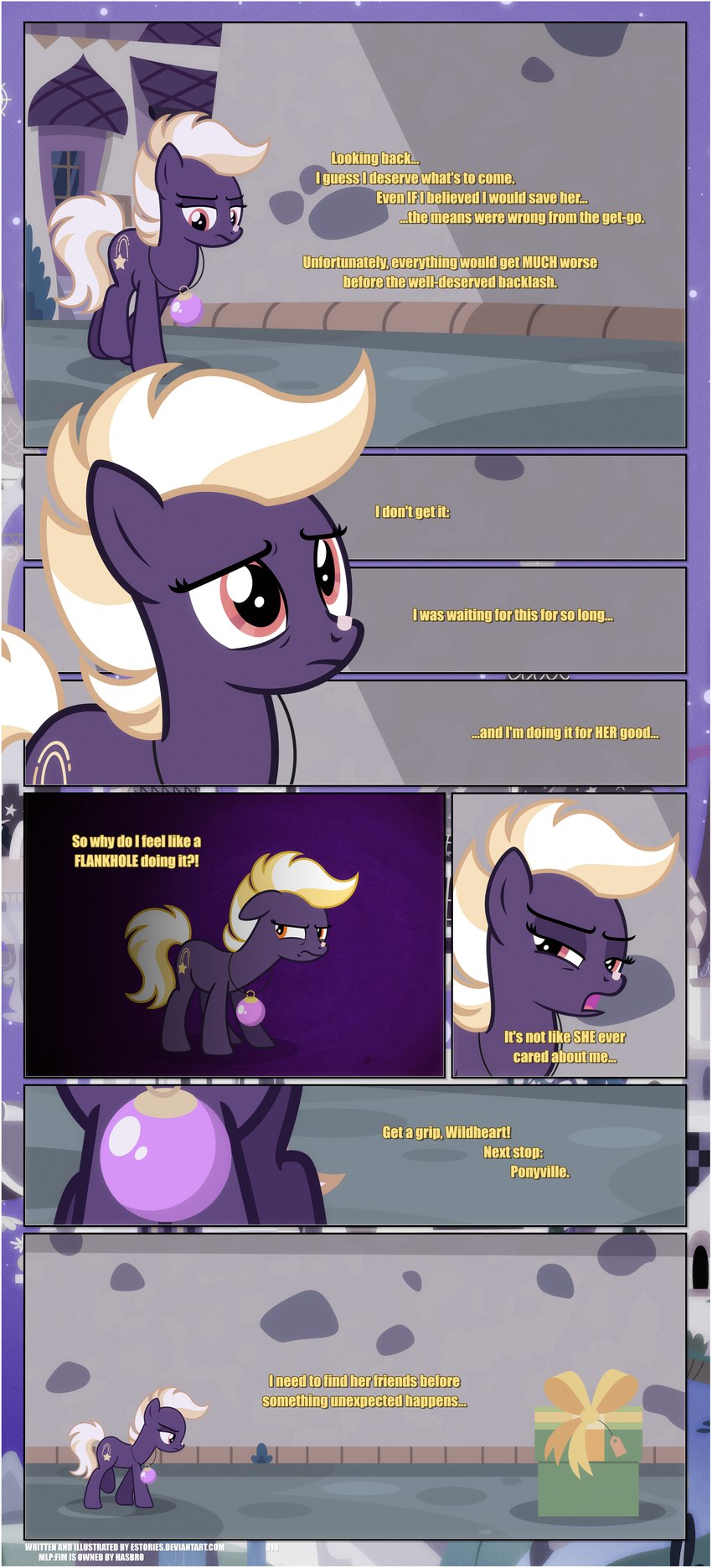 band-aid band-aid_on_face band-aid_on_nose bandage bandage_on_face bandage_on_nose black_border border box canterlot canterlot_castle container cutie_mark dialogue doubt doubtful ears_down ears_up female feral frown gift gift_bow gift_box gift_tag grumpy jewelry looking_at_viewer narrowed_eyes necklace night open_mouth orange_eyes orb pivoted_ears ribbons solo text walking white_border estories friendship_is_magic hasbro my_little_pony wildheart_(estories) earth_pony equid equine horse mammal pony absurd_res english_text hi_res