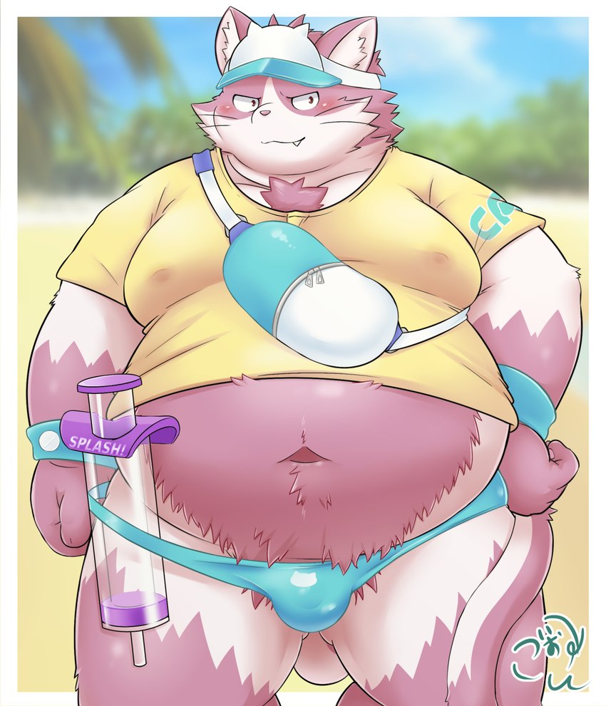 anthro beach belly big_belly blush bulge clothing cute_fangs fangs hat headgear headwear kemono male overweight overweight_male pink_body shirt solo swimwear teeth topwear bake_gosut tamacolle bungo_(tamacolle) domestic_cat felid feline felis mammal 2024 hi_res