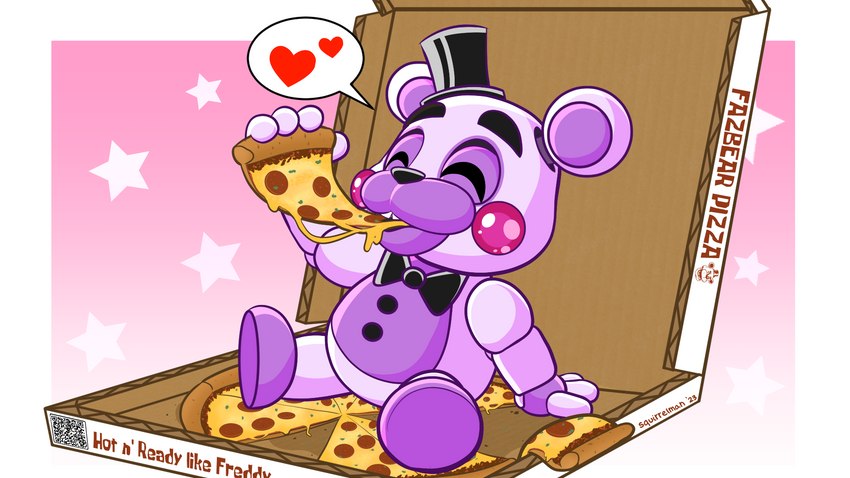 accessory black_nose bow_tie buckteeth button_(fastener) cheek_spots cheese cheese_string clothing container dairy_products eating eating_food eyebrows eyes_closed featureless_feet feet fingers food hat headgear headwear heart_symbol holding_object leaning leaning_backward machine male mostly_nude open_mouth pepperoni pepperoni_pizza pizza pizza_box pizza_slice purple_body raised_arm red_cheeks robotic_arm robotic_leg simple_background sitting smile solo speech_bubble star teeth text top_hat white_body squirrelman five_nights_at_freddy's freddy_fazbear's_pizzeria_simulator scottgames helpy_(fnaf) animatronic bear mammal robot 16:9 2023 digital_drawing_(artwork) digital_media_(artwork) english_text hi_res widescreen