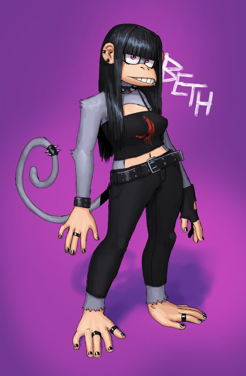 accessory alternative_fashion anthro bangs belt black_fingernails black_nails bottomwear bracelet clothed clothing collar colored_nails crop_top digit_ring ear_piercing feet female fingerless_gloves fingernails fully_clothed fur furgonomics gloves goth grey_body grey_fur handwear jewelry midriff nails navel one_glove pants piercing pink_background ring shirt simple_background solo spaghetti_strap spiked_collar spikes tail tail_accessory toe_ring toes topwear redustheriotact beth_(redustheriotact) haplorhine mammal monkey primate 2021 absurd_res hi_res