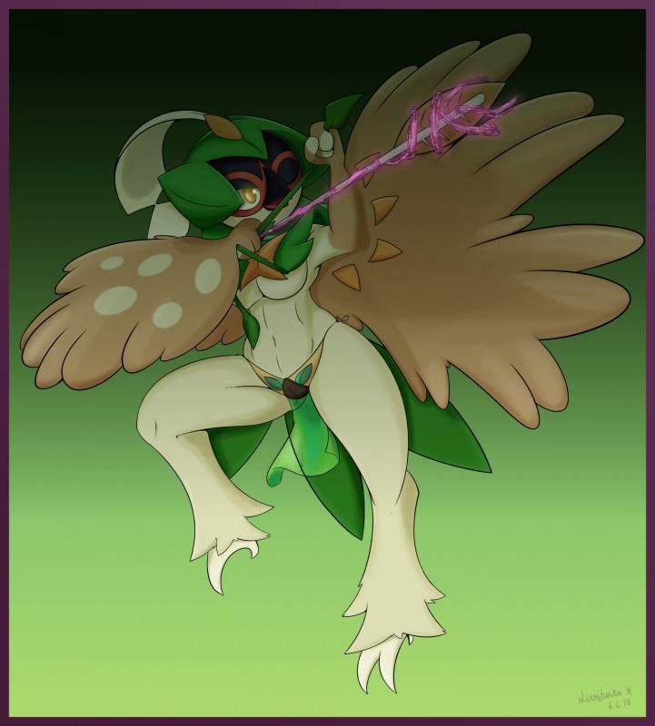 anthro arrow_(weapon) bottomwear bow_(weapon) breasts clothing female hoodie loincloth one_eye_closed panties ranged_weapon solo topwear under_boob underwear weapon lumihanta tohtori_crow nintendo pokemon decidueye generation_7_pokemon pokemon_(species) absurd_res hi_res