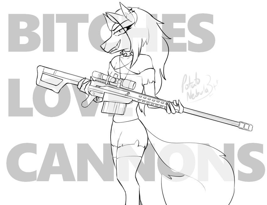 anthro anti-materiel_rifle anti_material_rifle barrett_m82 bottomwear clothing collar ear_piercing eye_through_hair eyebrow_through_hair eyebrows eyelashes female female_anthro fluffy fluffy_tail fur grey_text gun hair head_turned holding_gun holding_object holding_ranged_weapon holding_rifle holding_weapon legwear long_hair looking_at_viewer occult_symbol pentagram piercing pointy_ears prick_ears profanity pupils ranged_weapon rifle scope shirt skirt slit_pupils smile smirk sniper_rifle snout solo spiked_collar spikes standing symbol tail teeth text thigh_highs topwear torn_clothing torn_shirt torn_skirt torn_topwear translucent translucent_hair weapon potatonebula hellsing hellsing_ultimate helluva_boss mythology loona_(helluva_boss) canid canid_demon canine demon hellhound mammal mythological_canine mythological_creature 2023 english_text greyscale meme monochrome signature