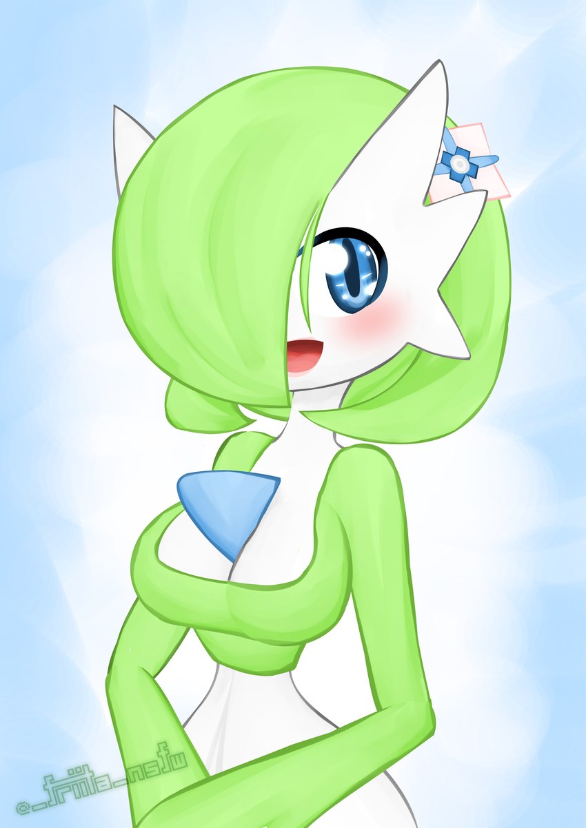 accessory big_breasts blue_background blue_eyes blush breasts cleavage clothed clothing female green_hair hair hair_accessory hair_over_eye happy looking_at_viewer not_furry one_eye_obstructed open_mouth simple_background solo friita nintendo pokemon auria_(friita) gardevoir generation_3_pokemon humanoid pokemon_(species) 2022 absurd_res half-length_portrait hi_res portrait signature