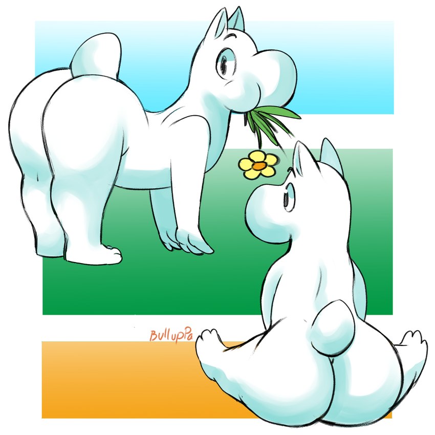 ambiguous_gender bent_over big_butt butt looking_at_viewer looking_back scut_tail short_tail simple_background sitting solo tail bulluppa the_moomins moomintroll humanoid moomin 1:1 hi_res