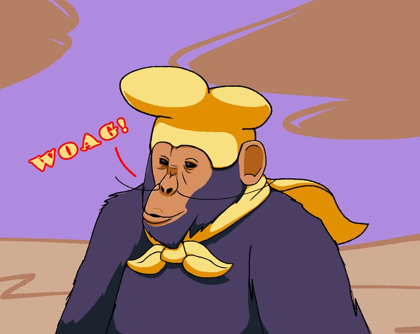 alternate_species brown_body brown_skin cape chef_hat clothed clothing facial_hair feral feralized fur grey_body grey_fur hat headgear headwear male mustache solo topless woag yellow_clothing chabble pizza_tower the_noise ape chimpanzee haplorhine mammal pan_(genus) primate 2024 cel_shading half-length_portrait portrait shaded