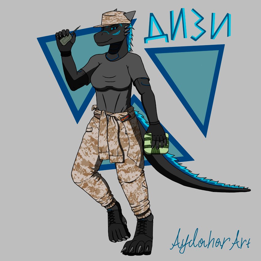 anthro black_body blue_eyes blue_hair bottomwear clothing explosives female hair military military_uniform pants shirt solo t-shirt topwear uniform warrior aydaharart mythology dizzy(aydaharart) dragon mythological_creature mythological_scalie scalie 1:1 absurd_res hi_res