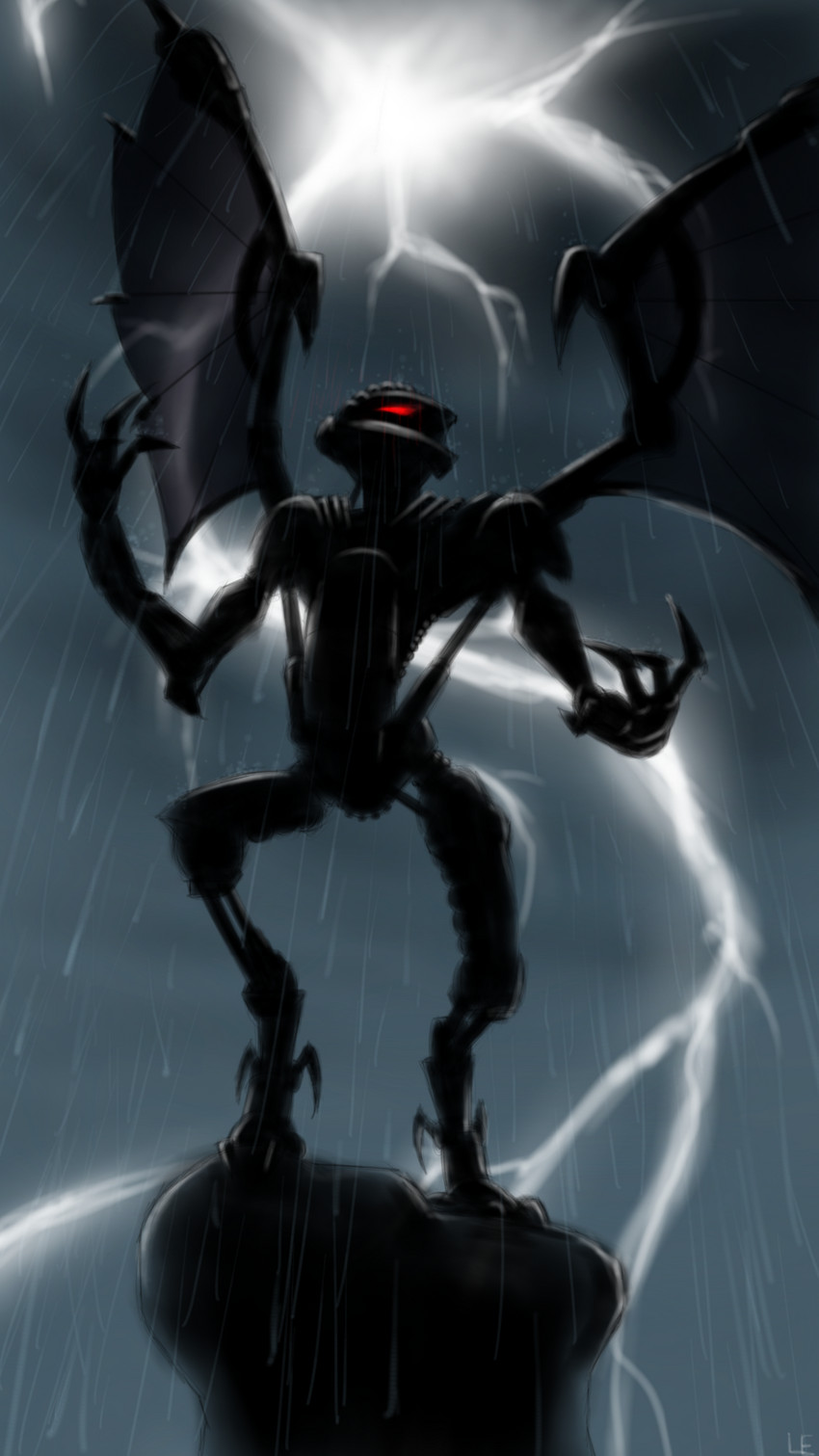 ambient ambient_glow ambiguous_gender armor balancing biped claws downpour fingers glowing glowing_eyes light light_outline machine mask membrane_(anatomy) membranous_wings mouthless not_furry outside raining red_eyes shadow silhouette simple_background sky solo standing toe_claws wet wings llortor bionicle lego makuta_teridax teridax_(character) humanoid makuta robot 2014 9:16 digital_drawing_(artwork) digital_media_(artwork) hi_res lighting