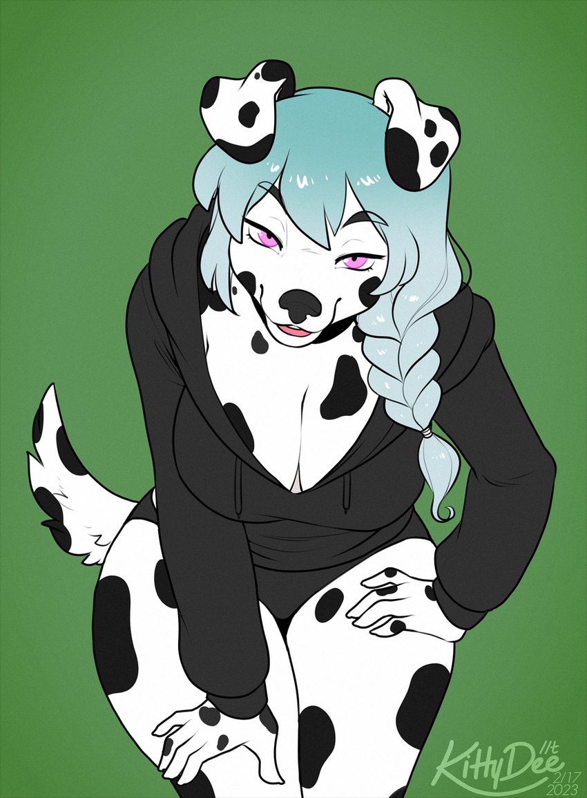 5_fingers anthro braided_hair breasts clothed clothing down_blouse female fingers green_background hair looking_at_viewer pink_eyes simple_background smile solo kittydee canid canine canis domestic_dog mammal 2023 digital_media_(artwork) hi_res