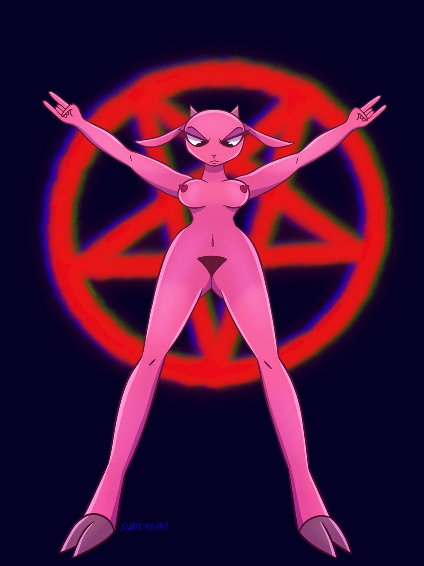 anthro breasts erect_nipples female fur hooves horn looking_at_viewer looking_down nipples nude occult_symbol pentagram pink_body pink_fur pubes pubes_exposed solo symbol wide_hips corruptedcartoonist judas_and_jesus mary_magdalene bovid caprine goat mammal 3:4 hi_res