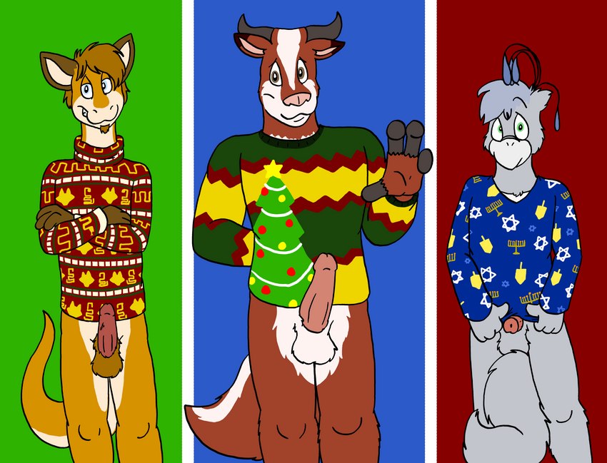 4_fingers anthro blue_body blue_fur bottomless brown_body brown_fur brown_hair christmas_clothing christmas_sweater christmas_topwear clothed clothing crossed_arms erection fingers fur genitals green_eyes group hair head_feathers holidays horn male penis red_body red_fur smile sweater topwear trio tabbiewolf christmas hanukkah emilio_(tabbiewolf) fletcher_(tabbiewolf) montgomery_(tabbiewolf) avian bird boa_(snake) boa_constrictor boinae bovid bovine canid canine cattle fox galliform hybrid mammal mephitid peafowl phasianid reptile rodent scalie sciurid skunk snake tree_squirrel 2014 absurd_res hi_res