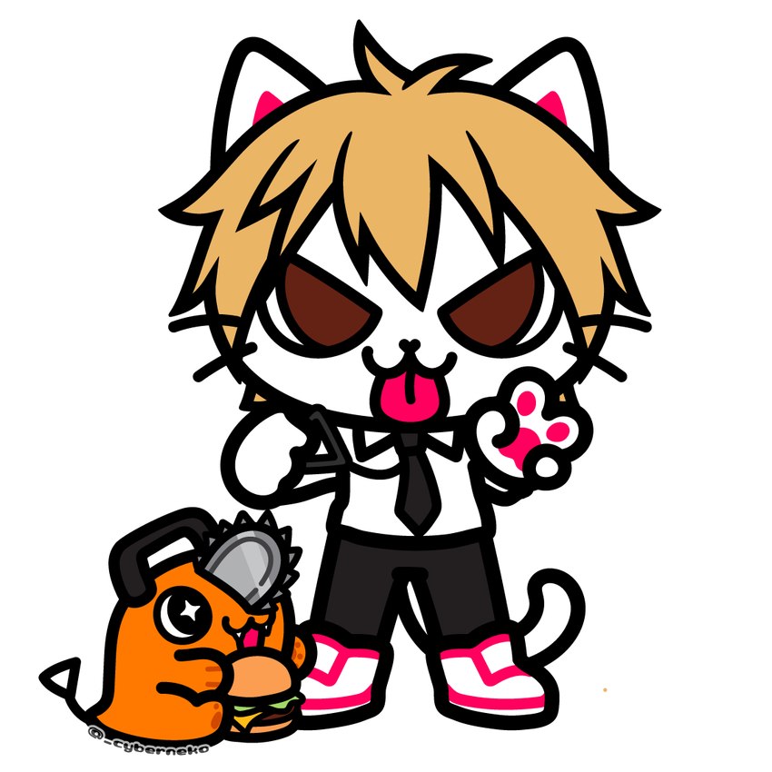 alternate_species ambiguous_gender anthro blep burger chibi feral food furrification male necktie simple_background superflat tail tongue tongue_out white_background cyberneko chainsaw_man denji_(chainsaw_man) pochita_(chainsaw_man) demon domestic_cat felid feline felis mammal 1:1