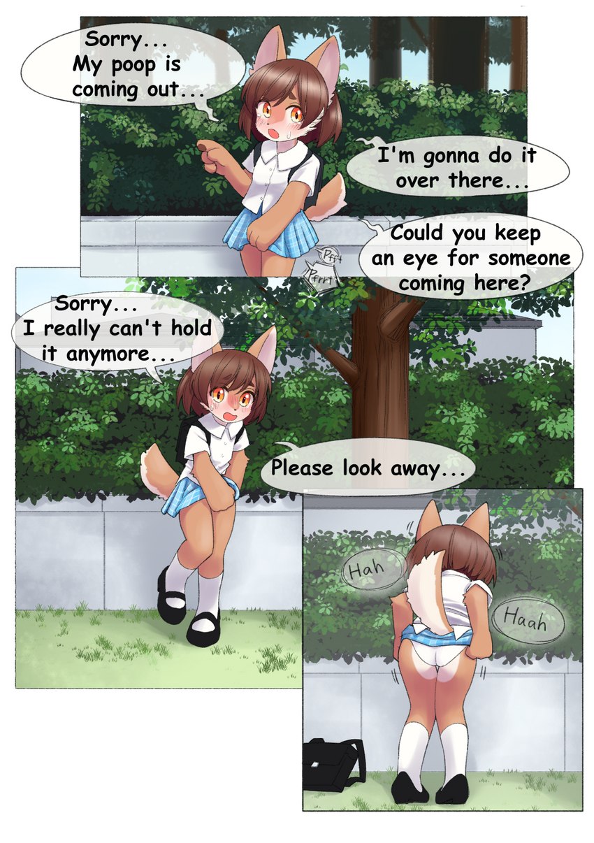 anthro bottomwear brown_eyes brown_hair butt clothed clothing clothing_lift dialogue fart female hair implied_scat outside panties plant rear_view school_uniform skirt skirt_lift solo speech_bubble text tree underwear uniform upskirt white_clothing white_panties white_underwear young young_anthro unoroute unousaya canid canine canis domestic_dog mammal english_text hi_res