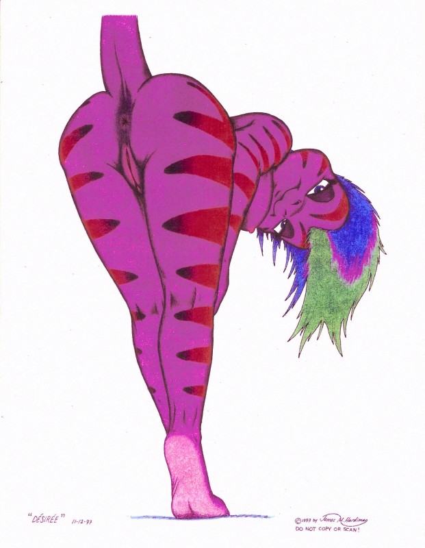 anthro anus biped breasts butt claws feet female genitals hindpaw looking_at_viewer mooning non-mammal_breasts nude paws plump_labia presenting presenting_hindquarters pussy raised_tail soles solo tail tail_anus toes james_m_hardiman desiree_(jmh) lizard reptile scalie 1997 absurd_res hi_res