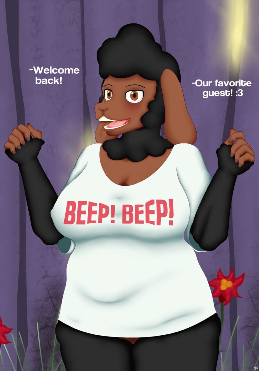 anthro big_breasts black_body black_fur blush breasts brown_body brown_eyes clothed clothing dialogue female fur mature_female open_mouth shirt slightly_chubby smile solo thick_thighs topwear cueliton asdfmovie beep_beep_i'm_a_sheep chocolate_(cueliton) napolitan_trio_(cueliton) bovid caprine domestic_sheep mammal sheep digital_media_(artwork) hi_res meme