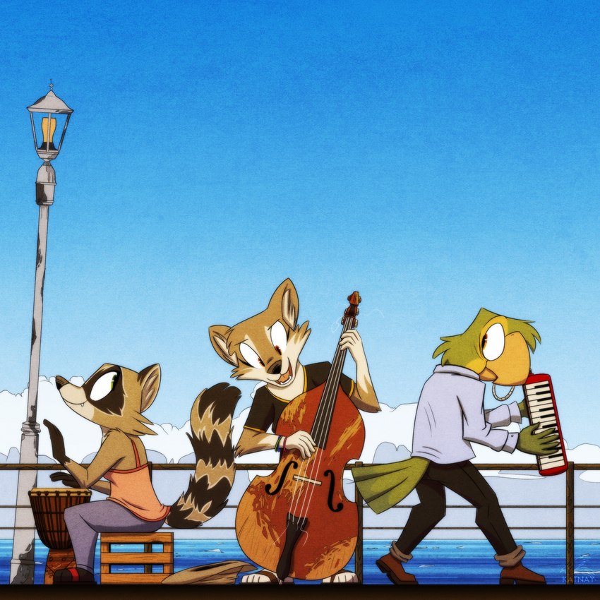 anthro bongo_drum bowed_string_instrument double_bass drum group keyboard_instrument melodica musical_instrument percussion_instrument sea street_lamp string_instrument water wind_instrument katnay avian bird mammal parrot procyonid raccoon 1:1 digital_media_(artwork) hi_res