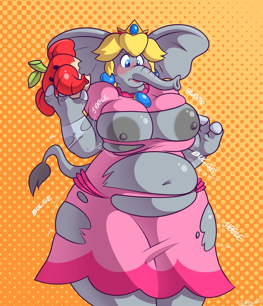 after_transformation anthro apple areola belly belly_expansion big_areola big_belly big_breasts big_nipples blonde_hair blue_eyes blush breast_expansion breasts butt butt_expansion clothing crown elephant_fruit expansion female food fruit grey_body growth hair headgear huge_belly huge_breasts nipples overweight overweight_female plant power-up simple_background slightly_chubby solo text thick_thighs torn_clothing transformation trunk wide_hips ratify mario_bros nintendo super_mario_bros_wonder elephant_peach princess_peach elephant elephantid mammal proboscidean 2023 absurd_res digital_drawing_(artwork) digital_media_(artwork) english_text hi_res shaded signature