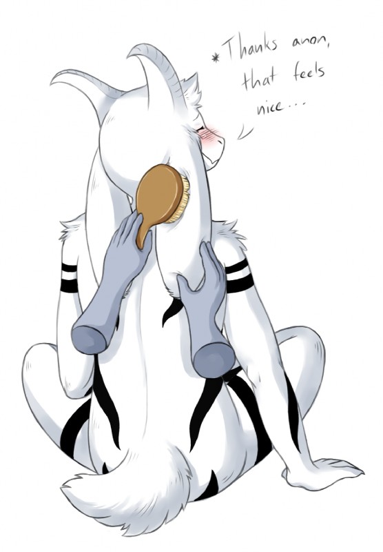 anthro blush brush brushing brushing_fur disembodied_hand duo fangs fur hairbrush holding_brush holding_hairbrush holding_object horn long_ears male markings nude personal_grooming rear_view short_tail simple_background social_grooming tail teeth white_background white_body white_fur lewdtale undertale undertale_(series) asriel_dreemurr_(god_form) boss_monster_(undertale) bovid caprine mammal digital_media_(artwork) hi_res