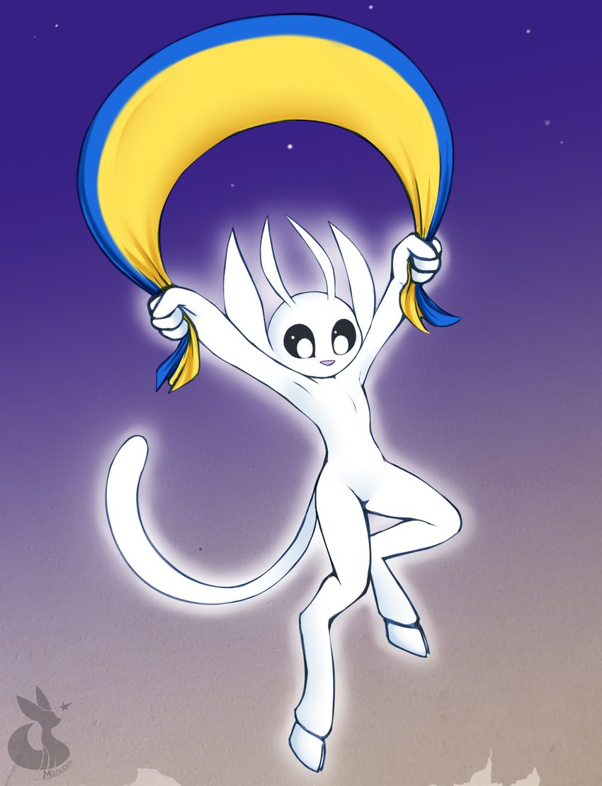 ambiguous_gender anthro flag flag_(object) fur glowing holding_flag holding_object hooves simple_background solo ukraine ukrainian_flag white_body white_fur mancoin microsoft ori_(series) xbox_game_studios ori_(ori) guardian_spirit spirit digital_media_(artwork) hi_res