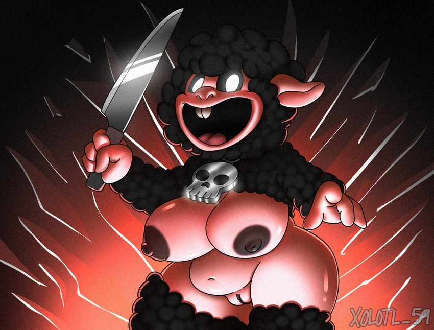 abstract_background anthro areola big_breasts big_butt black_body black_fur black_hair black_sclera black_wool breasts buckteeth butt female fur genitals glistening glistening_body hair huge_breasts jewelry knife looking_at_viewer necklace nipples nude open_mouth pussy short_stack skull_accessory smile solo teeth thick_thighs wide_hips wool_(fur) xolotl_59 mob_entertainment nightmare_critters poppy_playtime baba_chops_(poppy_playtime) bovid caprine critters_(poppy_playtime) mammal sheep digital_media_(artwork) hi_res