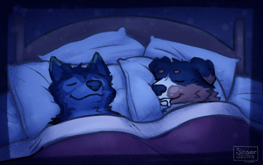 anthro bed bedding black_body black_fur blanket blue_body blue_fur bodily_fluids brown_body brown_fur comfy drooling duo eyes_closed fur furniture green_body green_fur male male/male night pillow romantic romantic_couple saliva sleeping smile white_body white_fur easyvock sinser_(character) bernese_mountain_dog canid canine canis domestic_dog mammal molosser mountain_dog swiss_mountain_dog wolf colored colored_sketch digital_drawing_(artwork) digital_media_(artwork) hi_res shaded sketch
