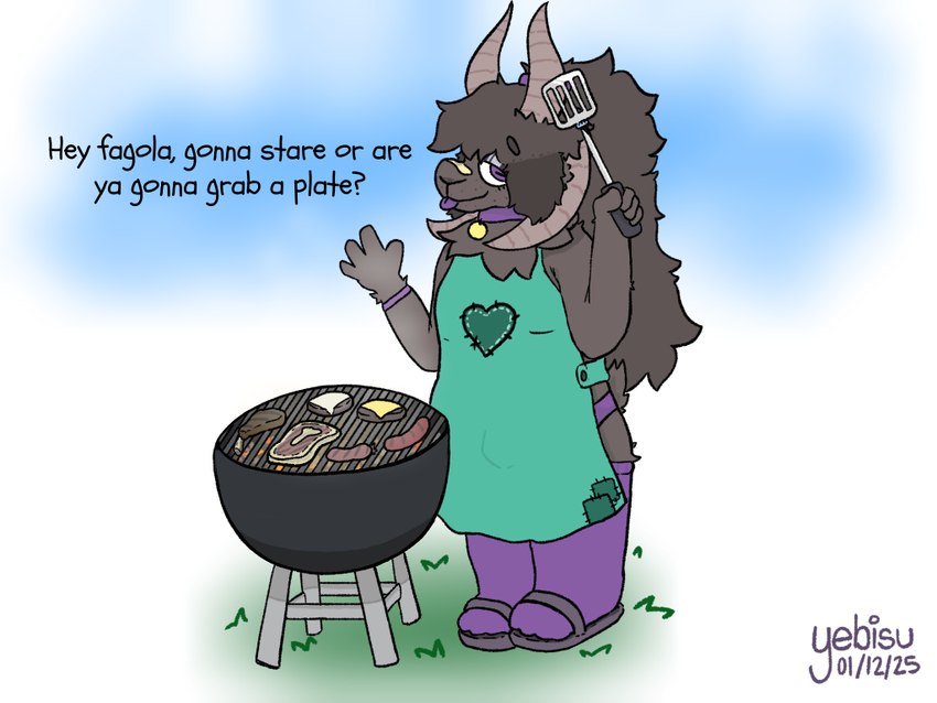 anthro apron beef bulge burger clothed clothing collar cooking crossdressing food footwear grill hebridean_sheep homophobic_slur hot_dog male meat purple_clothing purple_footwear purple_socks socks steak teasing text tongue tongue_out yebisu 4:3 english_text