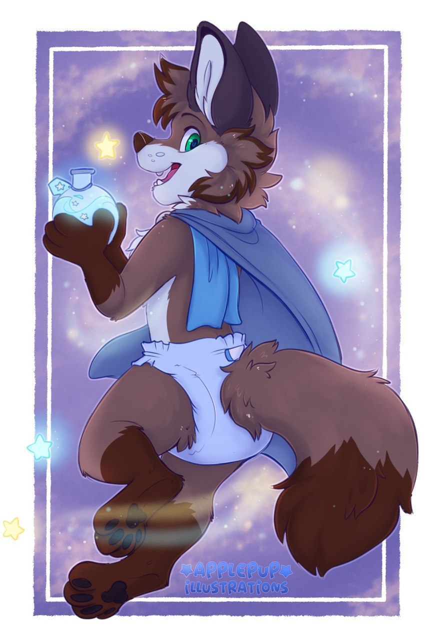 anthro cape clean_diaper clothed clothing diaper digitigrade glass_bottle holding_object holding_potion looking_at_viewer looking_back male open_mouth pawpads paws potion smile solo star stars_around_body stars_around_entire_body teeth tongue wearing_diaper applepup canid canine mammal 2021 hi_res watermark