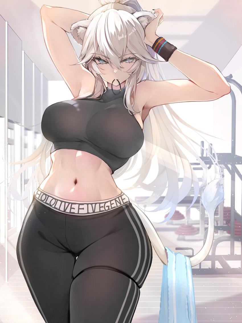 athletic_wear big_breasts blue_eyes breasts female gym hair hair_tie_in_mouth inner_ear_fluff long_hair looking_at_viewer navel solo tail tail_tuft tuft weight_bench white_hair omoti_(1201208) hololive vtuber shishiro_botan animal_humanoid felid felid_humanoid humanoid lion_humanoid mammal mammal_humanoid pantherine pantherine_humanoid 3:4 hi_res