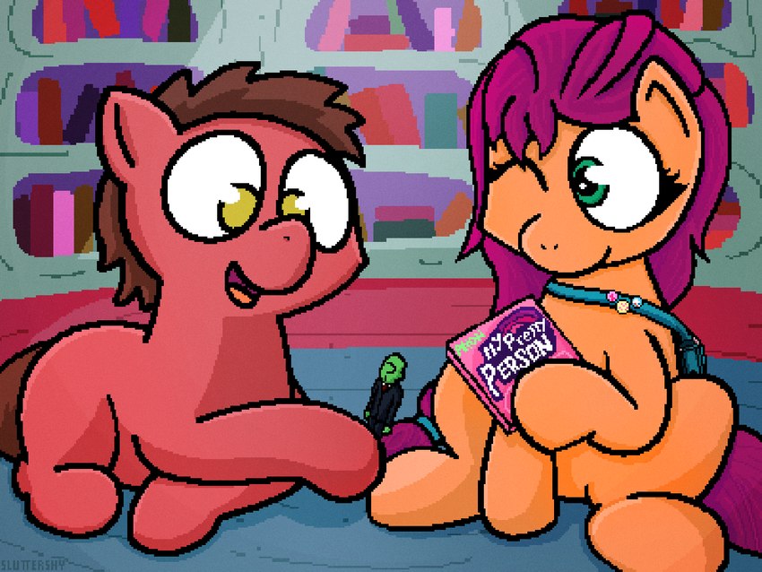 = brown_hair duo eyelashes female feral green_eyes hair lying male micro no_pupils on_front one_eye_closed open_mouth orange_body purple_hair quadruped red_body sitting size_difference smile style_emulation yellow_eyes sluttershy banned_from_equestria hasbro mlp_g5 my_little_pony anon big_brian sunny_starscout_(mlp) earth_pony equid equine horse human mammal pony 2022 4:3 digital_media_(artwork) pixel_(artwork)