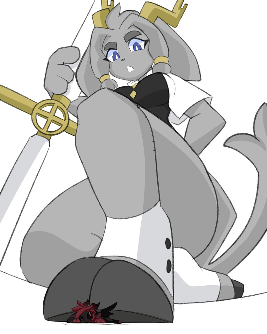 anthro antlers blue_eyes clothing cloven_hooves dream_breaker_(pseudoregalia) duo extreme_size_difference female formal_wear fur grey_body grey_fur hoof_focus hooves horn larger_anthro larger_female low-angle_view macro male male/female micro micro_male open_mouth size_difference smaller_male stepped_on stepping stomped stomping trampling weapon yellow_horn p4wsized pseudoregalia sybil_(pseudoregalia) jackalope lagomorph mammal 4:5 absurd_res hi_res