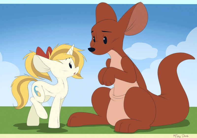 blonde_hair cloud cutie_mark day duo female feral hair hooves horn outside plushie pouch_(anatomy) mistydash disney hasbro my_little_pony mythology winnie_the_pooh_(franchise) fan_character kanga animate_inanimate equid equine kangaroo living_plushie macropod mammal marsupial mythological_creature mythological_equine unicorn 2018 absurd_res digital_media_(artwork) hi_res