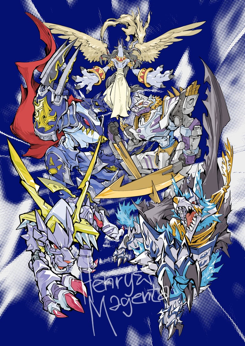 anthro armor claws cybernetics feral group machine male sharp_teeth teeth wings henry_magenta bandai_namco digimon anubismon cyborg digimon_(species) fenriloogamon humanoid metalgarurumon miragegaogamon hi_res