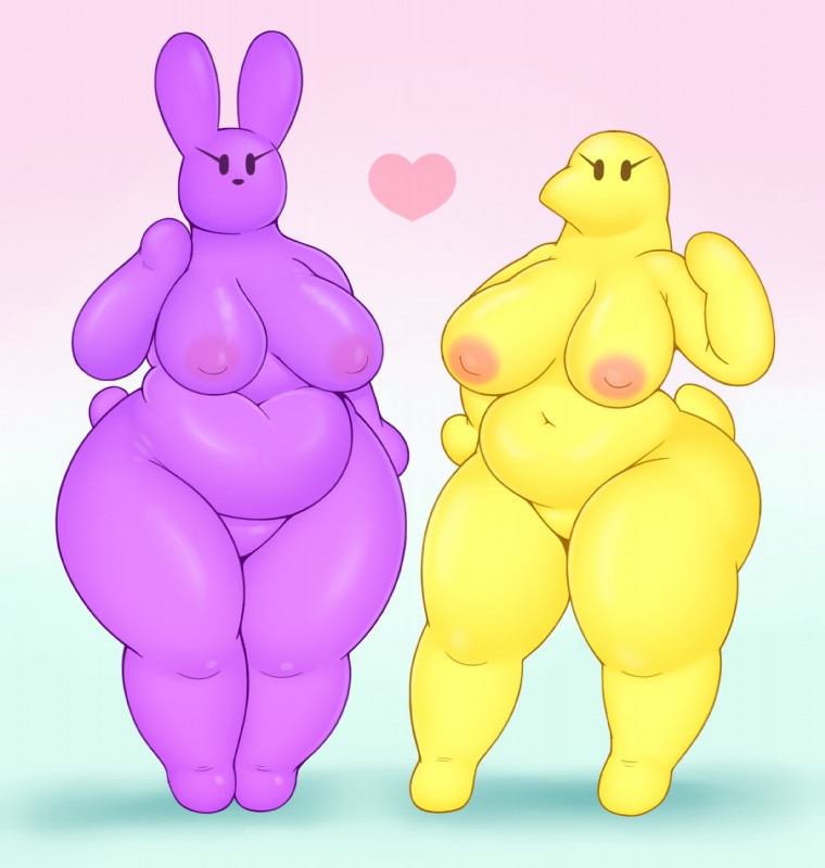 anthro anthrofied beak belly big_belly big_breasts biped breasts candy curvy_figure deep_navel dessert duo featureless_crotch female food heart_symbol huge_breasts huge_hips huge_thighs looking_at_viewer navel nipples non-mammal_nipples overweight simple_background standing thick_thighs voluptuous white_background wide_hips acstlu peeps avian bird food_creature lagomorph leporid mammal rabbit 2018 digital_media_(artwork) hi_res