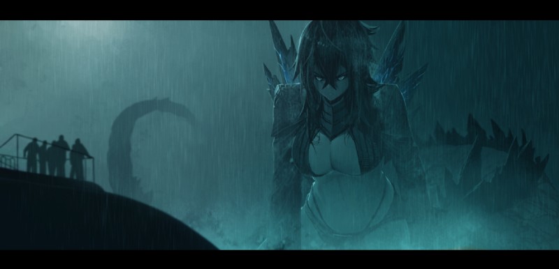 alternate_species black_bars black_hair black_sclera blue_eyes breasts cleavage clothed clothing female glaring group hair humanoidized long_hair macro monster_girl_(genre) outside raining simple_background spikes submarine vehicle water watercraft dishwasher1910 godzilla_(series) toho godzilla animal_humanoid humanoid kaiju mammal reptile reptile_humanoid scalie scalie_humanoid black_and_blue digital_media_(artwork) letterbox monochrome