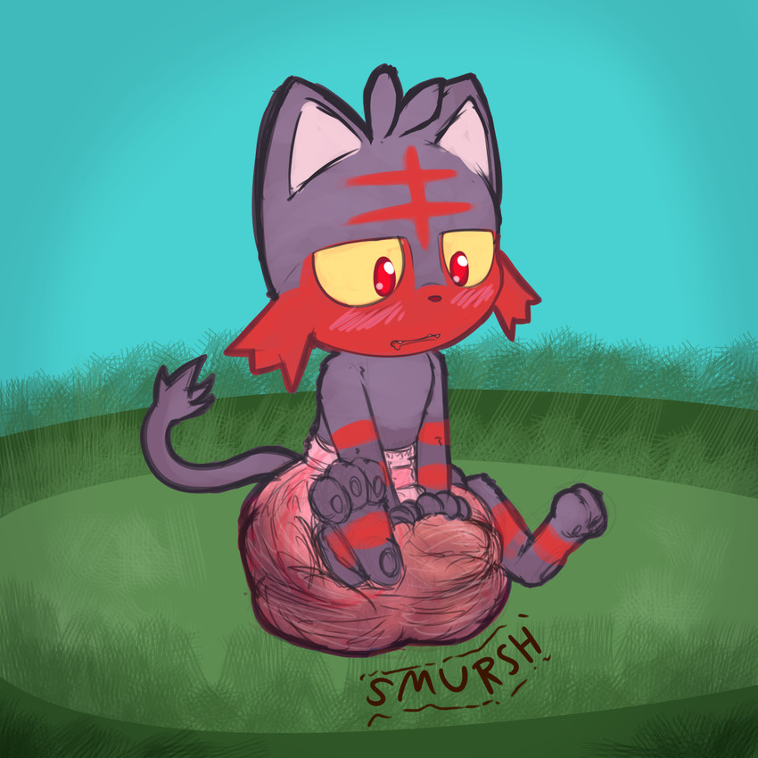 3_fingers 3_toes ambiguous_gender big_diaper black_body black_fur black_pawpads black_tail blush blush_lines bodily_fluids clothed clothing detailed_background diaper diaper_only diaper_squish drooling facial_markings fangs feces feet feral fingers fur grass head_markings head_tuft looking_down looking_pleasured markings multicolored_body multicolored_fur open_mouth open_smile pawpads pink_inner_ear plant red_body red_fur red_nose red_stripes saliva sitting sky smile soiled_diaper solo sound_effects striped_arms striped_body striped_fur striped_legs stripes tail tail_tuft teeth three-quarter_view toes topless tuft two_tone_body two_tone_fur unclean_diaper used_diaper wearing_diaper yellow_sclera ludis-luteo nintendo pokemon generation_7_pokemon litten pokemon_(species) 1:1 full-length_portrait hi_res portrait