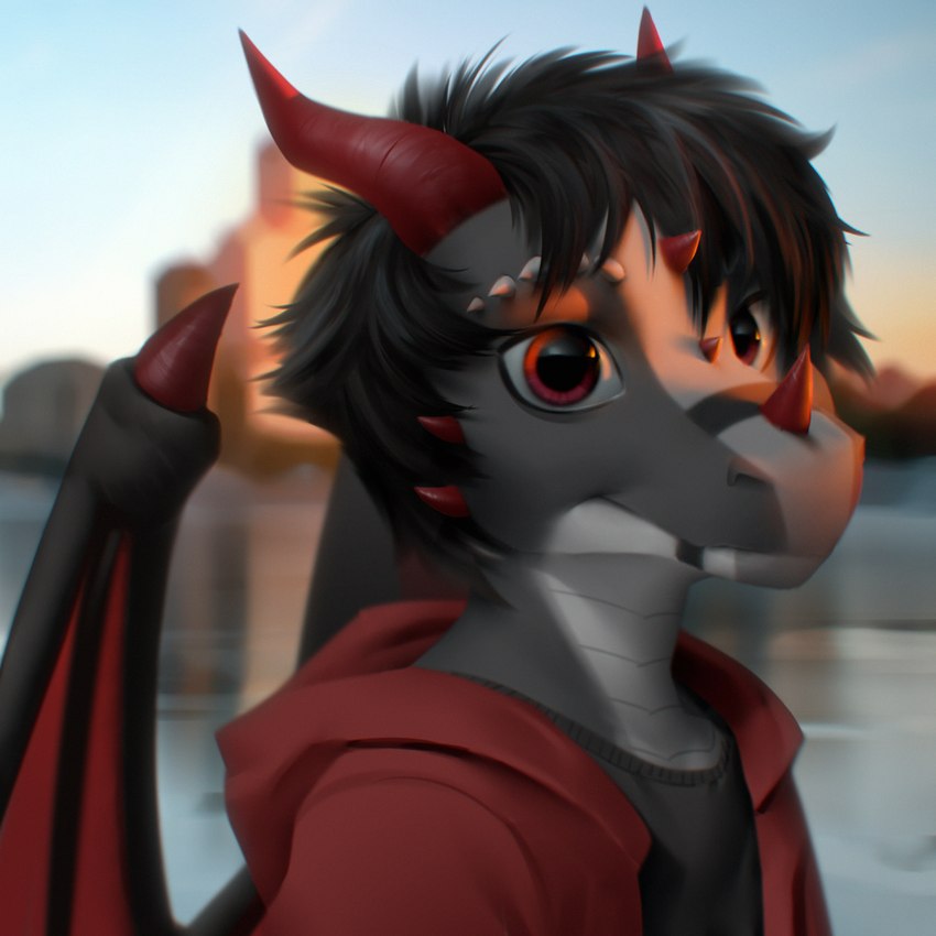 anthro black_hair blurred_background clothed clothing day detailed_background hair horn male membrane_(anatomy) membranous_wings outside red_eyes sky smile solo wings wayn_animation european_mythology mythology dragon mythological_creature mythological_scalie scalie western_dragon 1:1 2021 adobe_photoshop_(artwork) digital_media_(artwork) hi_res