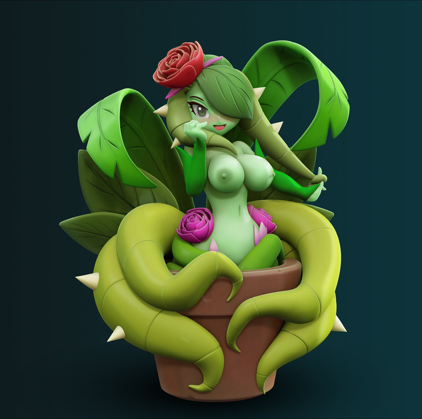 accessory areola big_breasts blush breasts clothed clothing eyelashes female flower flower_in_hair green_areola green_background green_body green_eyes green_nipples hair hair_accessory hair_over_eye leaf leaf_hair looking_at_viewer navel nipples open_mouth plant plant_hair plant_pot pseudo_hair simple_background solo topless wide_hips the-great-pipmax european_mythology mythology shantae_(series) wayforward water_lily_siren alraune elemental_creature elemental_humanoid flora_fauna humanoid plant_humanoid 3d_(artwork) digital_media_(artwork) hi_res