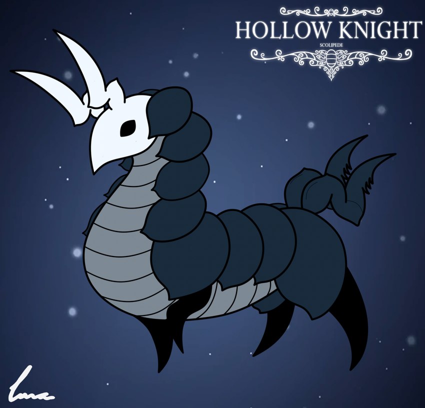 2_horns ambiguous_gender black_eyes black_legs horn simple_background solo standing tail text white_text icyneedle hollow_knight nintendo pokemon team_cherry arthropod generation_5_pokemon pokemon_(species) scolipede 2023 crossover digital_media_(artwork) english_text hi_res