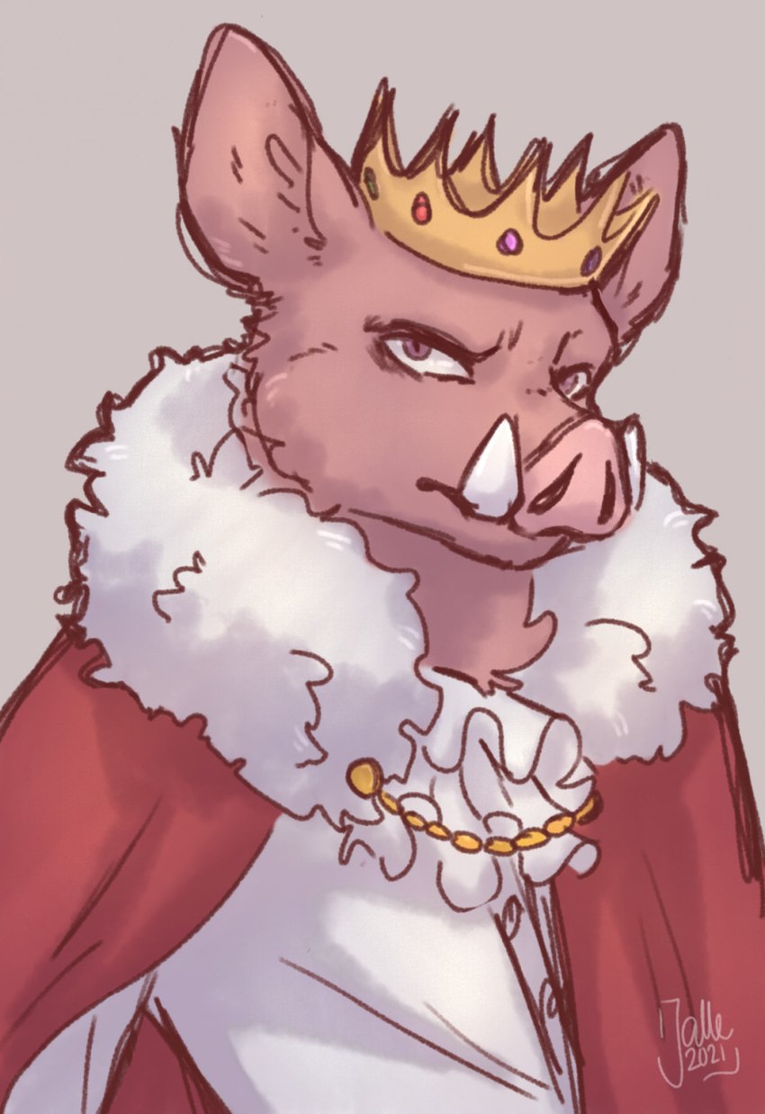 anthro cape clothed clothing crown fluffy fur fur_cape fur_clothing grey_background headgear male pink_body pink_eyes pink_fur shirt simple_background snout solo topwear tusks jalle technoblade domestic_pig mammal suid suine sus_(pig) 2021 digital_drawing_(artwork) digital_media_(artwork) hi_res ibispaint_(artwork) shaded sketch